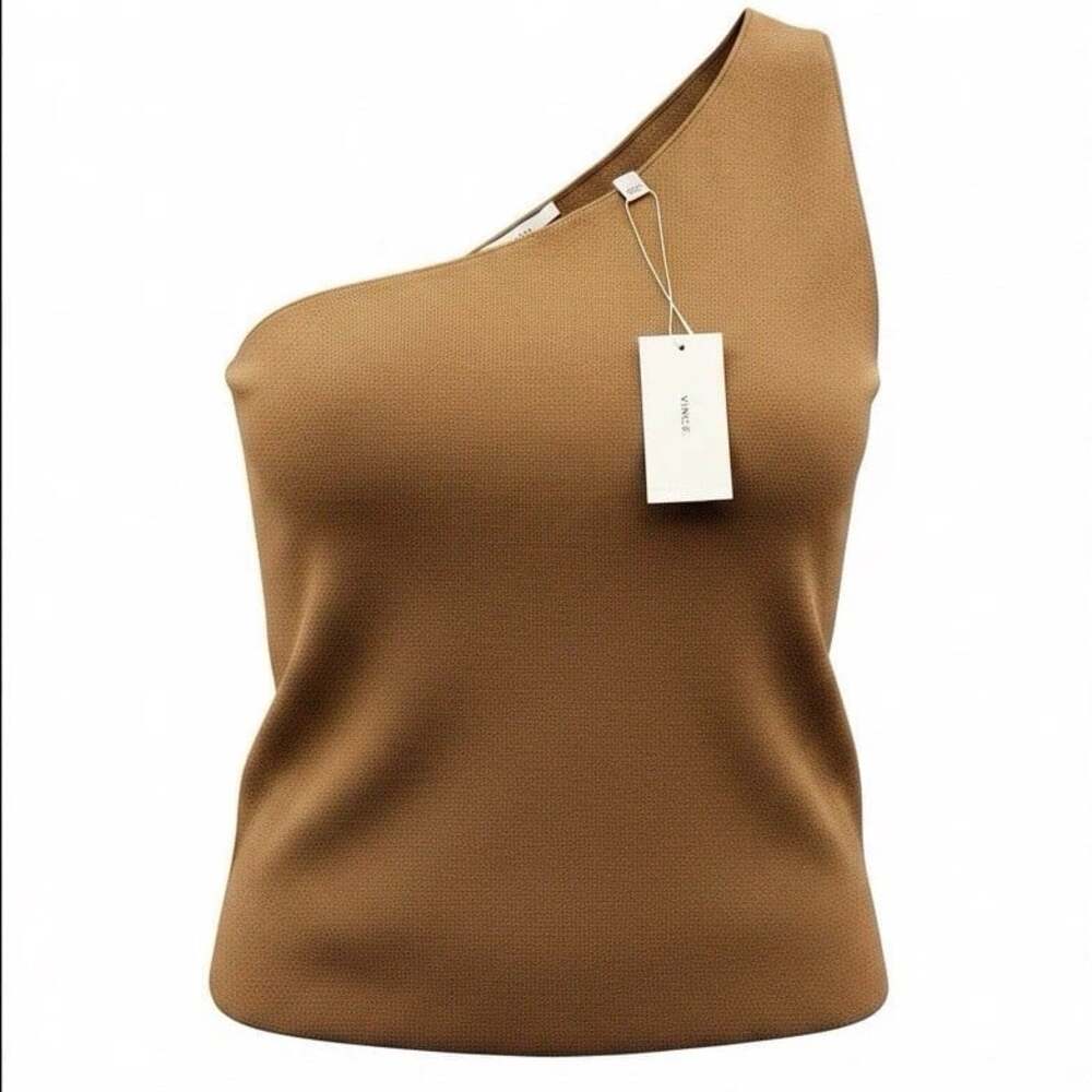 Vince Womens One Shoulder Sweater Top XL Camel Brown Asymmetrical Knit NWT